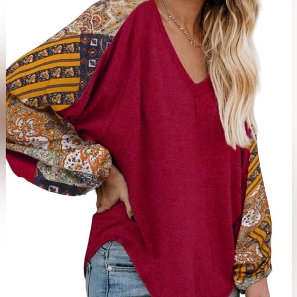 Boho Red Multi Color Balloon Sleeve Long Sleeve Blouse Size Large Colorful - Picture 7 of 11